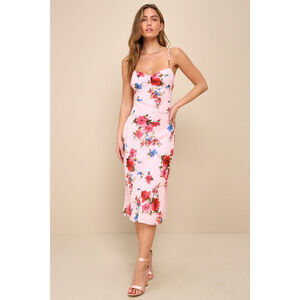 Lulus Inspiring Sweetness Light Pink Floral Cowl Back Midi Dress - Size L